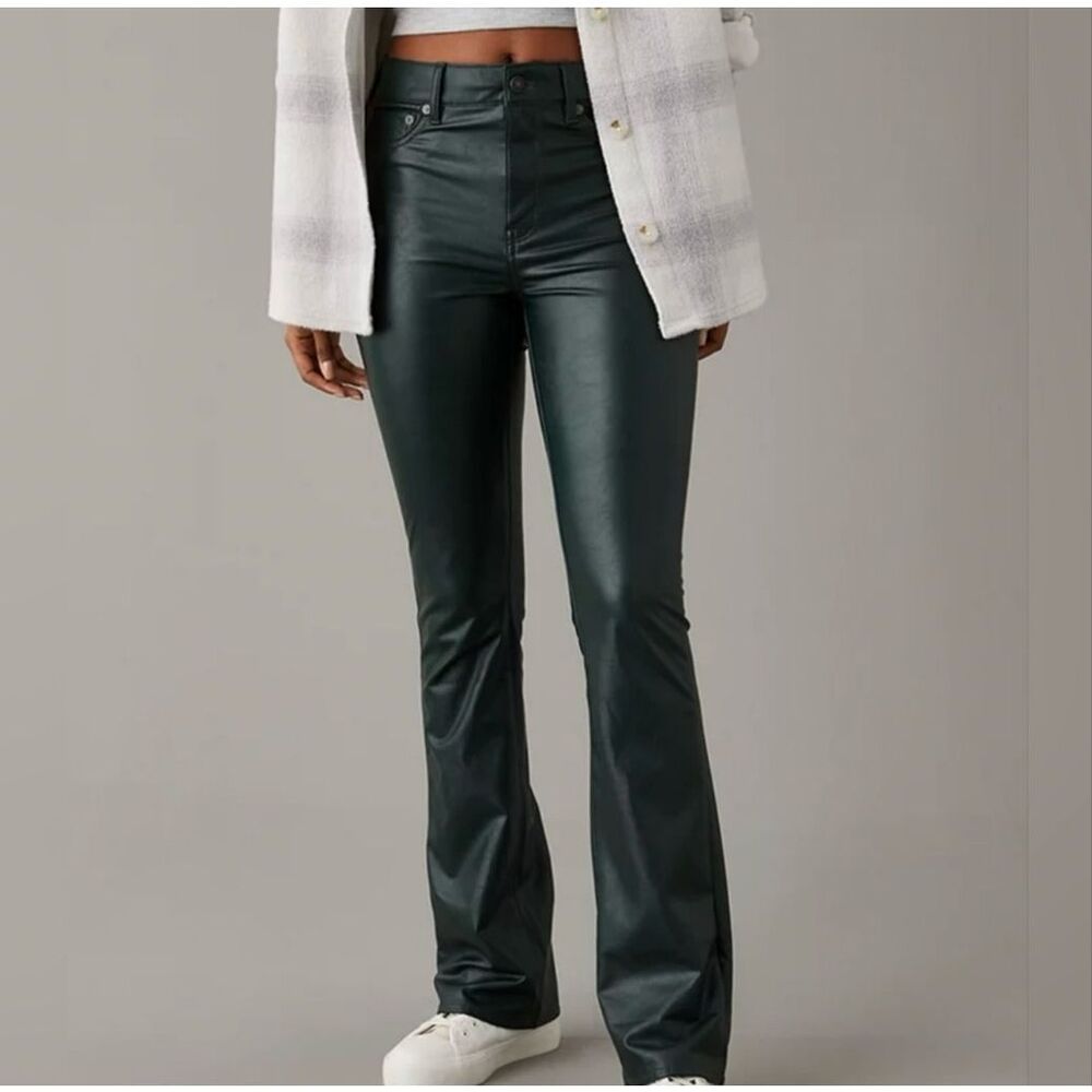 American Eagle Stretch Vegan Leather Green Super High-Waisted Kick Boot Pant 12